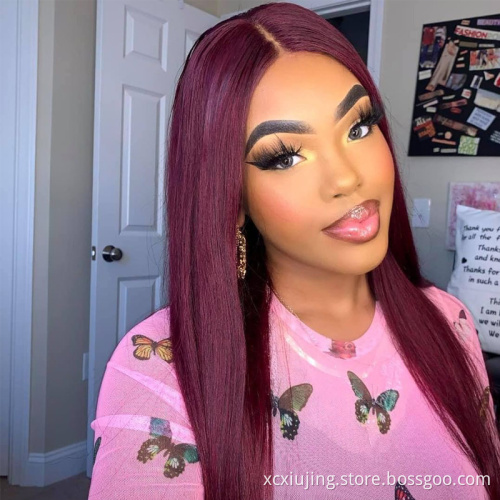 New 4*4 Closure  99J Burgundy Lace Front Wig  Brazilian Straight Lace Frontal Human Hair Wigs Pre Plucked